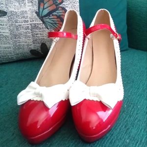Two-tone red and cream patent leather Mary Jane